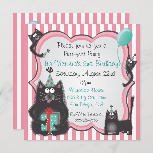 Cute Kitty Chat Anniversaire Fête Invitation (Devant / Derrière)