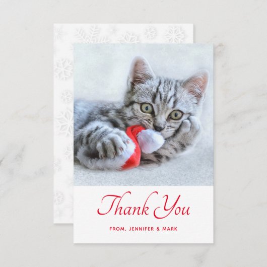 Cute Kitty Chat Biting a Red Santa Hat Merci (Devant / Derrière)