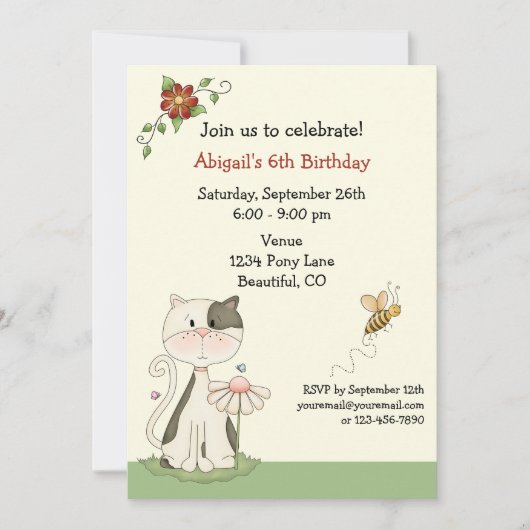 Cute Kitty Chat et Fleurs Invitation Anniversaire (Devant)