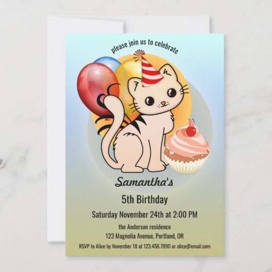 Cute Kitty Cupcake Invitation d'anniversaire pour (Devant)
