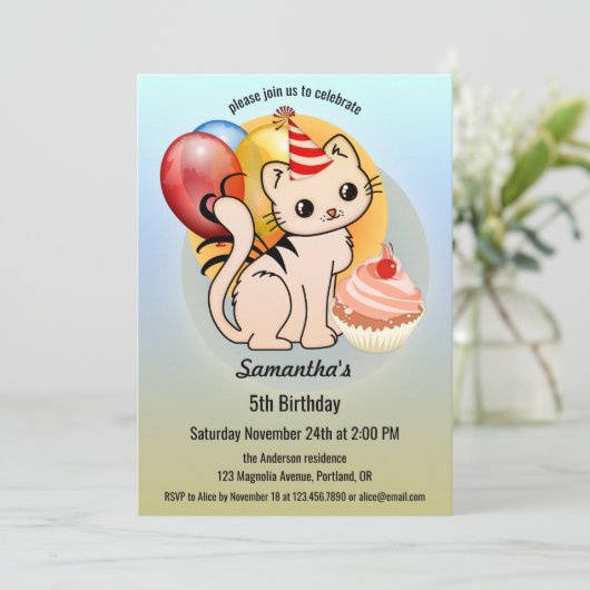 Cute Kitty Cupcake Invitation d'anniversaire pour (Debout devant)