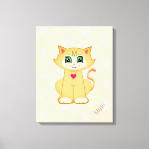Cute Kitty Kat & Poot Patroon op Koraal Canvas Afdruk