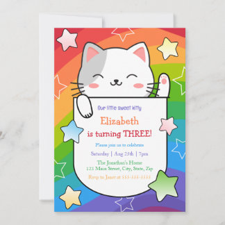 Cute Kitty Stars Colorful Wavy Stripes Birthday Kaart