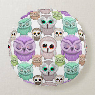 Cute Kleine Uilen in Pasteltinten Rond Kussen