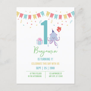 Cute Kleurrijke Octopus Ballon Banners 1e Verjaard Briefkaart