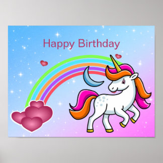 Cute, kleurrijke unicorn, regenboog, hart, geboort poster
