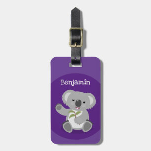 Cute koala beer met bladeren cartoon illustratie bagagelabel