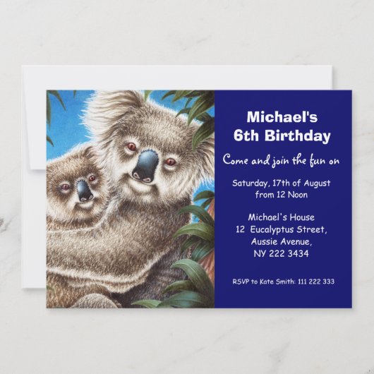 Cute Koala Birthday Party Invitation Kaart (Voorkant)