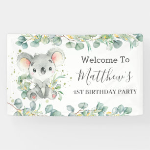Cute Koala Eucalyptus Greenery Welkomstachtergrond Spandoek