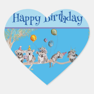 Cute Koala Koalas Blue Childs Happy Birthday Hart Sticker