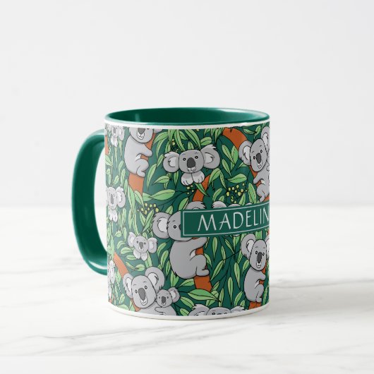 Cute Koala Pattern personaliseert Hunter Green Mok (Voorkant links)