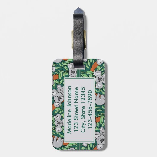 Cute Koala Pattern Personalized Dark Green Bagagelabel (Achterkant verticaal)