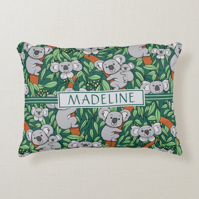 Cute Koala Pattern Personalized Hunter Green Accent Kussen (Voorkant)