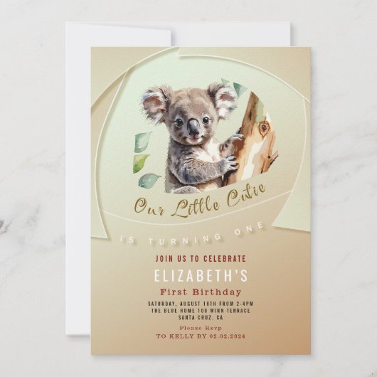 Cute Koala Première Invitation Anniversaire (Devant)