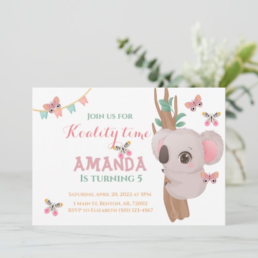 Cute koality time koala beer roze blauwgroen boomd kaart (Staand voorkant)