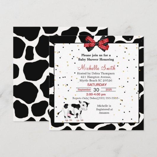Cute Koe Afdrukken Rood zwarte babyschoeisel Invit Kaart (Voorkant / Achterkant)