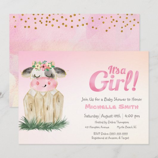 Cute Koe Floral Pink Gold Invitation Kaart (Voorkant / Achterkant)