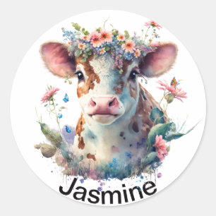 Cute koe met jouw naam florale waterverf ronde sticker