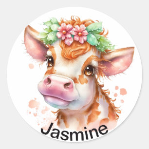 Cute koe met jouw naam florale waterverf ronde sticker
