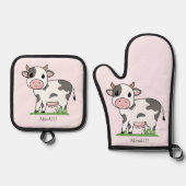 Cute Koe Roze Ovenwant & Pannenlap Set (Voorkant)