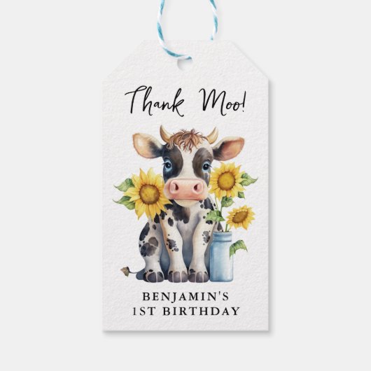 Cute Koe Zonbloemen Modern Dank Moo Birthday Cadeaulabel (Achterkant)