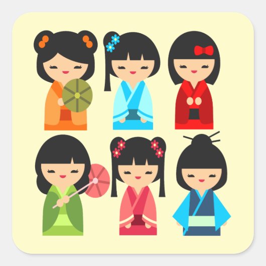 Cute Kokeshi Japanse poppen Vierkante Sticker (Voorkant)