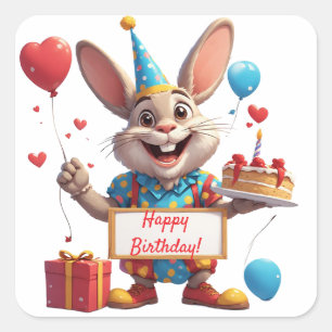 Cute Konijn Feest Met Leeg Bericht Bord 🎂 Vierkante Sticker