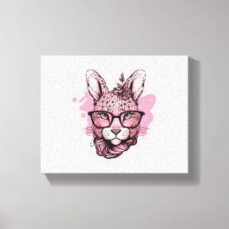 Cute Konijn Gezicht Roze Bril Bloem Leopard Pasen Canvas Afdruk