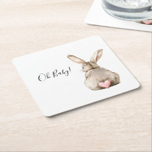 Cute Konijn Roze Hart Staart Baby Shower Vierkante Kartonnen Onderzetter