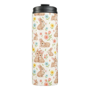 Cute Konijnen en Bloemen Patroon Thermosbeker