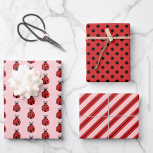 Cute Lady Bugs Polka Dots Pink Stripes Inpakpapier Vel