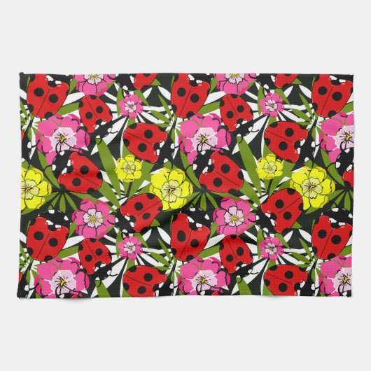 Cute Ladybird and Flowers Pattern Theedoek (Horizontaal)