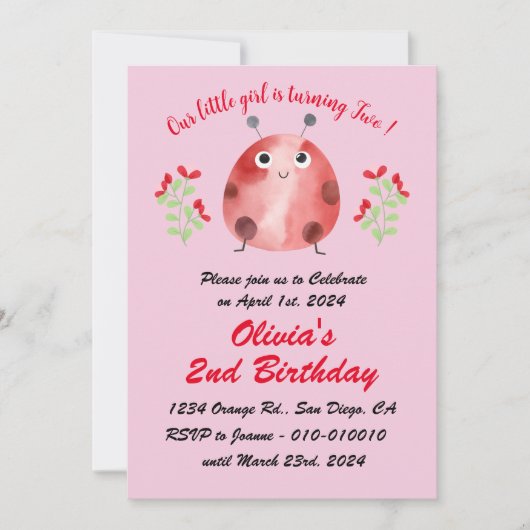 Cute Ladybug 2e anniversaire de fête Invitation (Devant)