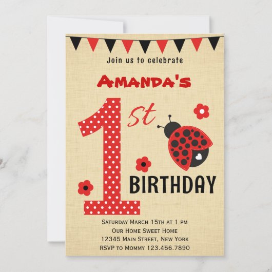 Cute Ladybug First Birthday Invitation Kaart (Voorkant)
