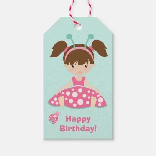 Cute Ladybug Girls Birthday Cadeaulabel (Voorkant)