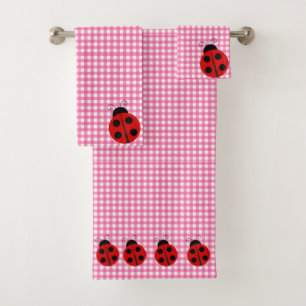 Cute Ladybug Pink and White Picnic Checks Gingham Bad Handdoek