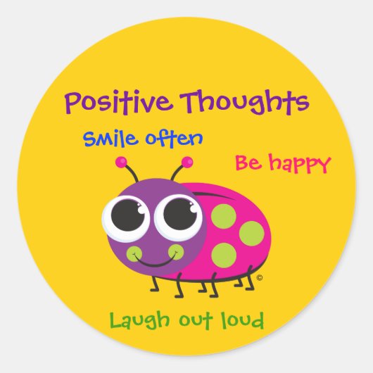 Cute Ladybug "Positive Thoughts" Ronde Sticker (Voorkant)