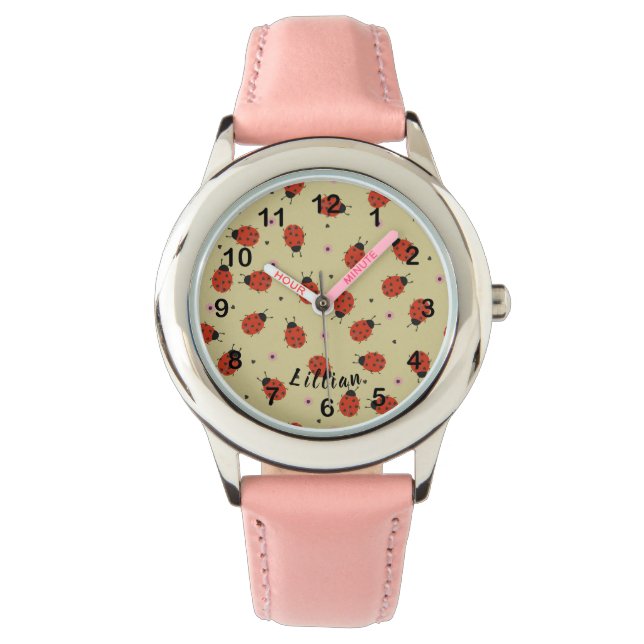 Cute Ladybugs & Custom Name on Light Yellow Horloge (Voorkant)