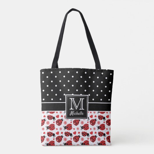 Cute Ladybugs Polka Dot Monogram Draagtas (Achterkant)