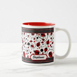 Cute Ladybugs Polka Dots and Swirls Name Coffee Tweekleurige Koffiemok