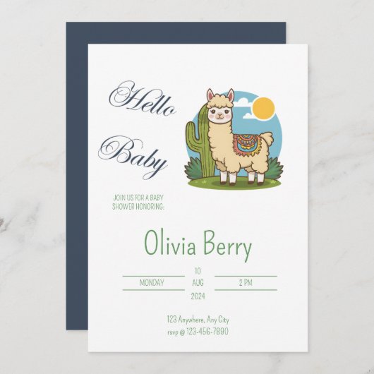 Cute Lama Fiesta Thème Baby shower Invitation (Devant / Derrière)