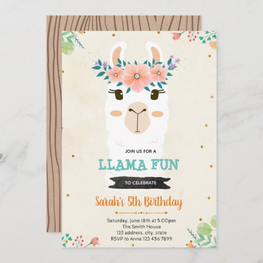 Cute lama visage anniversaire douche Invitation (Devant / Derrière)