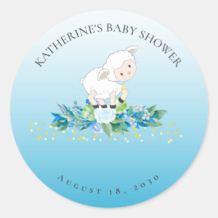 Cute Lamb Blue Floral Boy Baby shower Ronde Sticker