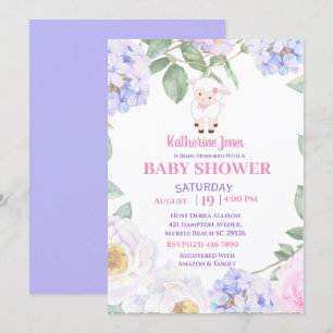 Cute Lamb Paars Floral Baby shower Kaart