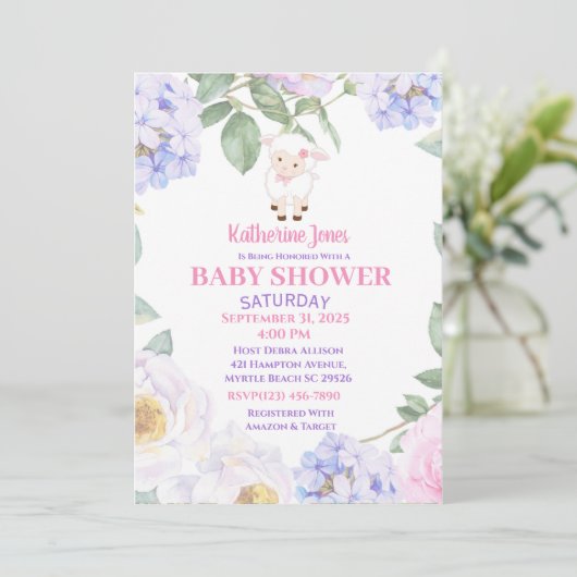 Cute Lamb Paars Floral Baby shower Kaart (Staand voorkant)