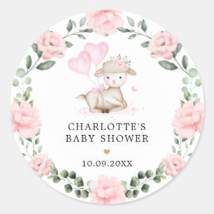 Cute Lamb Pink Floral Wreatal Baby Eerste Kerstmis Ronde Sticker