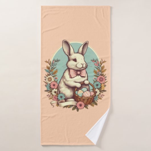 Cute, lapin de Pâques vintage/oeuf/panier (Serviette de bain)