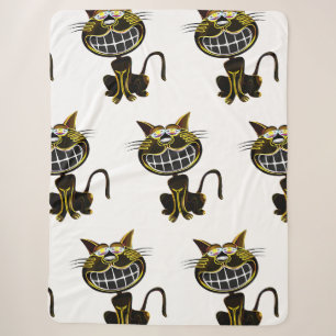 CUTE LAUGHING BLACK AND BRIGHT YELLOW CAT SHERPA DEKEN