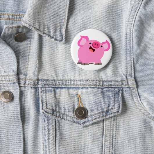 Cute Laughing Cartoon Pig Button Badge (In situ)