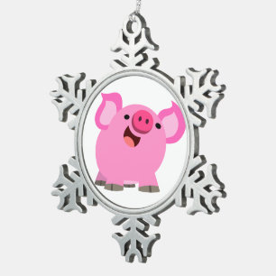 Cute Laughing Cartoon Pig Tin Sneeuwvlok Ornament
